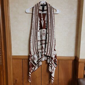 Tribal Print Sleeveless Cardigan Womens M Rust White Waterfall Drape Boho Fest